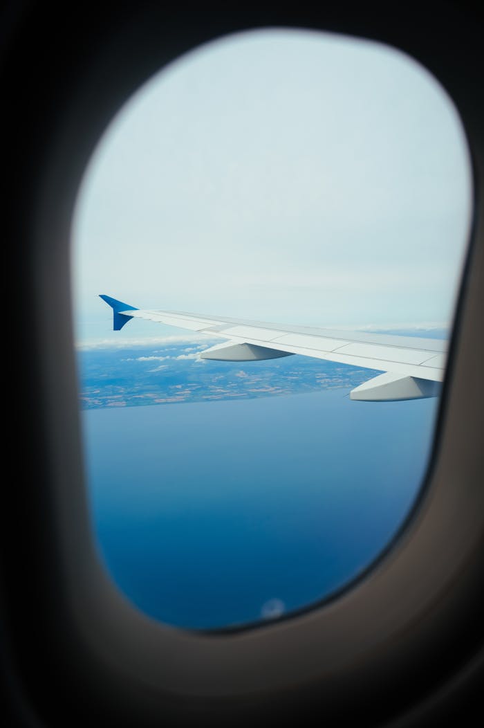 Aerial view from airplane window showing ocean and coastline under a clear sky.